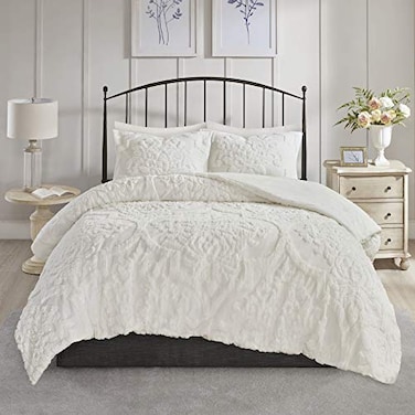 Madison Park Tufted Chenille Cotton Comforter All Season Bedding Set Matching Shams Viola Damask Off White KingCal King104x92 3 Piece
