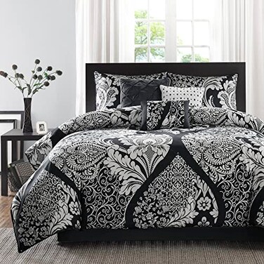 Madison Park Vienna Sateen Cotton Comforter Set Breathable Soft Cover Trendy All Season Down Alternative Cozy Bedding with Matching Shams King Black 7 Piece