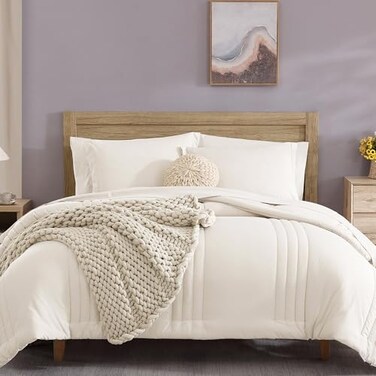 Monbix Queen Comforter Set 7 Pieces Snow White Bed in a Bag Queen Bedding Sets with Comforters All Seasons Comforter Bed Set with Sheets Pillowcases Shams