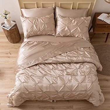 MR&HM MRHM Satin Comforter King 7 Pieces Luxurious Pinch Pleat Bedding Set with Comforter Flat Sheet Fitted Sheet Pillowcases Shams Super Silky Soft Bed Set for All Season King Champagne