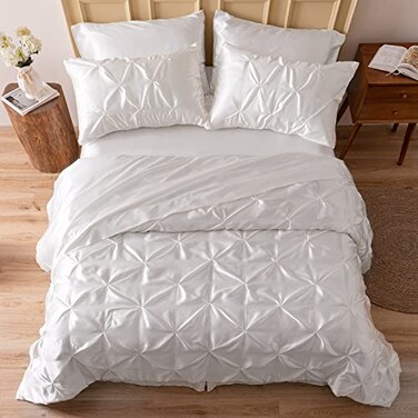 MR&HM MRHM Satin Comforter King 7 Pieces Luxurious Pinch Pleat Bedding Set with Comforter Flat Sheet Fitted Sheet Pillowcases Shams Super Silky Soft Bed Set for All Season King Ivory