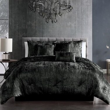 Riverbrook Home Turin Crinkle Velvet Comforter Bedding Set King Size Glam Textured Dcor Black 7 Pieces