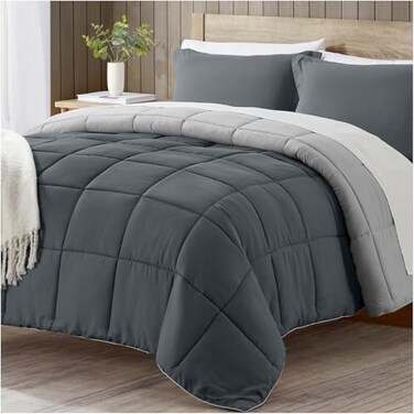 satisomnia King Size Comforter Set Grey Bedding Comforters King Size 3 Pieces Down Alternative Bed Comforter Lightweight Soft Quilted Bed Set Breathable Reversible All Season Bedding Sets Gray