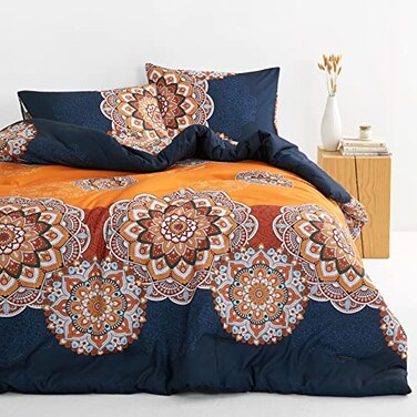 Wake In Cloud Bohemian Comforter Set Boho Chic Ornate Floral Elements Pattern Printed for Men Women Soft Lightweight Bedding 3 Pieces Orange Navy King Size