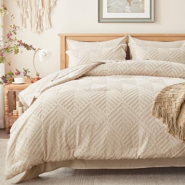 Zzlpp Full Comforter Set 7 Pieces Beige Tufted Bed in a Bag with Comforter and Sheets All Season Boho Bedding Sets with 1 Comforter 2 Pillow Shams 2 Pillowcases 1 Flat Sheet 1 Fitted Sheet