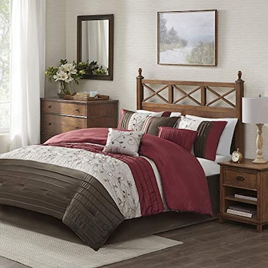 Madison Park Serene Faux Silk Comforter Set Floral Embroidery Design All Season Bedding Set Matching Bed Skirt Decorative Pillows Red King104x92 7 Piece