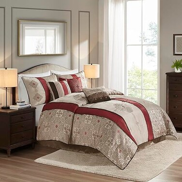 Madison Park Comforter Faux SilkTraditional Luxurious Jacquard Design All Season Set Matching Bed Skirt Decorative Pillows Queen90x90 Red 7 Piece