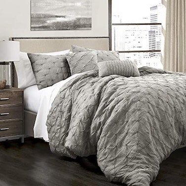 Lush Decor Ravello Pintuck Comforter Set Luxe 5 Piece Textured Bedding Set Traditional Glam Farmhouse Inspired Bedroom Decor King Gray