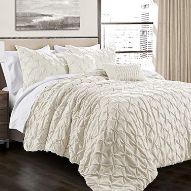Lush Decor Ravello Pintuck Comforter Set Luxe 5 Piece Textured Bedding Set Traditional Glam Farmhouse Inspired Bedroom Decor Full Queen Ivory