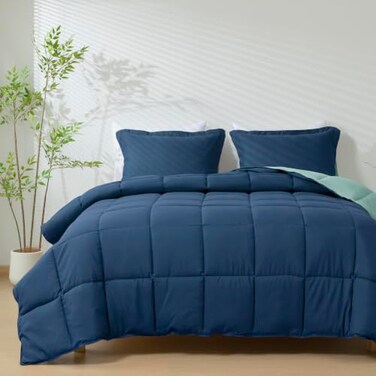 HIG 3pc Down Alternative Comforter Set All Season Reversible Comforter with Two Shams Quilted Duvet Insert with Corner Tabs Box Stitched Breathable Soft FullQueen NavyLight Blue