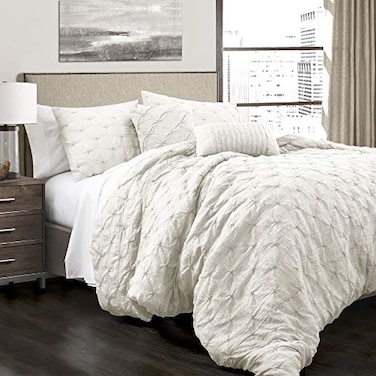Lush Decor Ravello Pintuck Comforter Set Luxe 5 Piece Textured Bedding Set Traditional Glam Farmhouse Inspired Bedroom Decor Full Queen White