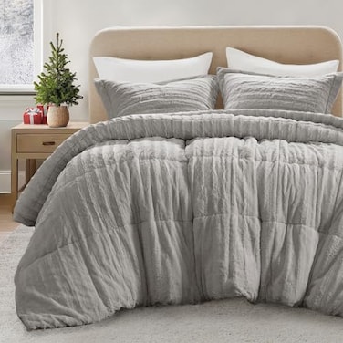 Madison Park Duke Luxe Faux Fur Reversible Comforter Set Soft Plush Reverse Modern Down Alternative Filling Cozy Bedding Box Quilted Warm Cover Matching Shams FullQueen Grey 3 Piece