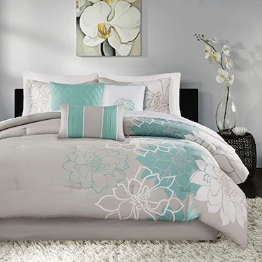 Madison Park Lola Sateen Cotton Comforter SetCasual Medallion Floral Design All Season Down Alternative Bedding Shams Bedskirt Decorative Pillows King GreyAqua 7 Piece