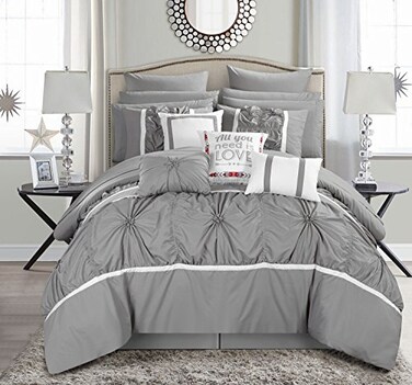 Chic Home Silver Bed in a Bag Comforter Set King Size 16 Pieces Ashville Microfiber Bedding Comforter Euro Shams Fitted Flat Sheets Bed Skirt Pillowcases and Decorative Pillows
