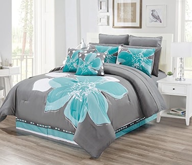 Grand Linen 12 Piece Aqua Blue Grey White Floral BedinaBag California Cal King Size Bedding Sheets Accent Pillows Comforter Set