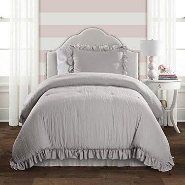 Lush Decor Reyna Ruffle Comforter Set Twin XL Light Grey 2 Piece Cozy Bedding Set