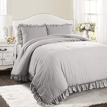 Lush Decor Reyna Ruffle Comforter Set FullQueen Light Grey 3 Piece Cozy Bedding Set