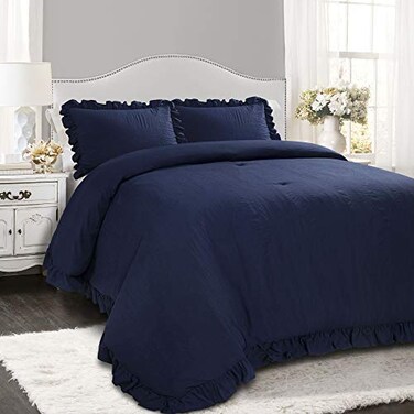Lush Decor Reyna Ruffle Comforter Set FullQueen Navy 3 Piece Cozy Bedding Set