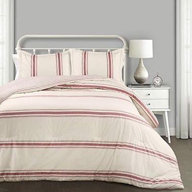 Lush Decor Farmhouse Stripe Reversible Cotton Comforter Set 3 Piece Set King Red Cozy Farmhouse Bedding Set Rustic Decor Striped Comforter Modern Farmhouse Bedroom Decor