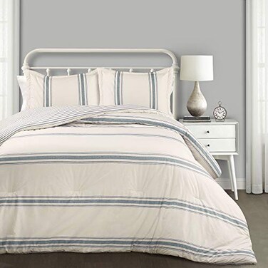 Lush Decor Farmhouse Stripe Reversible Cotton Comforter Set 3 Piece Set Full Queen Blue Cozy Frmhouse Bedding Set Rustic Decor Striped Comforter Modern Farmhose Bedroom Decor