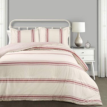 Lush Decor Farmhouse Stripe Reversible Cotton Comforter Set 3 Piece Set Full Queen Red Cozy Farmhouse Bedding Set Rustic Decor Striped Comforter Modern Farmhouse Bedroom Decor