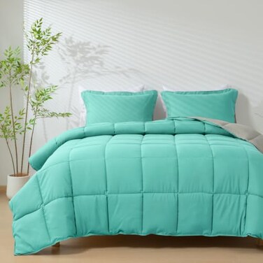 HIG Reversible Lightweight Comforter All Season Down Alternative Summer Duvet Insert Blue Quilted Bedding Comforters with Corner Tabs FullQueen Size Aqua BlueLight Grey