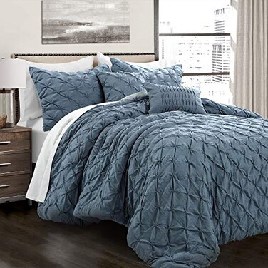 Lush Decor Ravello Pintuck Comforter Set Luxe 5 Piece Textured Bedding Set Traditional Glam Farmhouse Inspired Bedroom Decor Full Queen Stormy Blue
