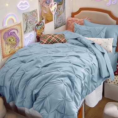 Bedsure Twin Comforter Set Light Blue Bed in a Bag Twin Size Bedding 5 Pieces GentleSoft Pintuck Bed Set Gift for Family All Season Down Alternative Comforter with Sheets Pillowcase Sham