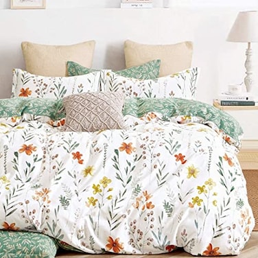 SLEEPBELLA King Size Comforter Set Yellow Flowers Green Botanical Pattern Printed on White 100 Cotton Fabric Ultra Soft Microfiber Inner Fill 3Pcs Bedding Set