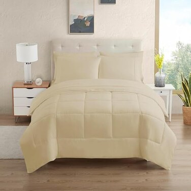 Sweet Home Collection 7 Piece Comforter Set Bag Solid Color All Season Soft Down Alternative Blanket Luxurious Microfiber Bed Sheets Beige Queen