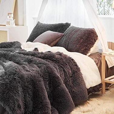 UOZZI BEDDING Black Faux Fur Comforter Set Twin 3 Pieces 1 Black Shaggy Comforter Set 68x86 and 2 Pillowcases Ultra Soft and Easy Care Luxury Plush Shaggy Duvet Set