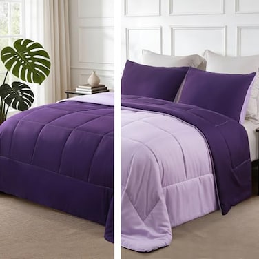 Exclusivo Mezcla Lightweight Reversible King Size Comforter Set Down Alternative Comforter with 2 Pillow Sham King Size Bedding Set for All Seasons Deep PurpleLilac