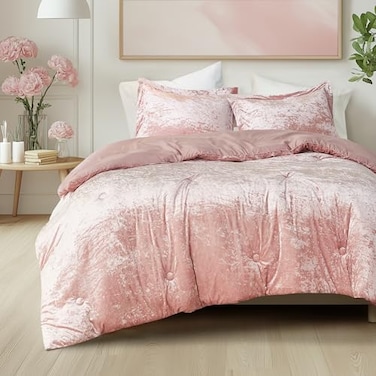 Comfort Spaces Juliette Luxe Comforter Set Velvet Lush with Soft Brushed Microfiber Reverse All Season Cozy Velvet Bedding Sets Fluffy Comforter Bed Set Matching Sham Blush FullQueen 3 Piece