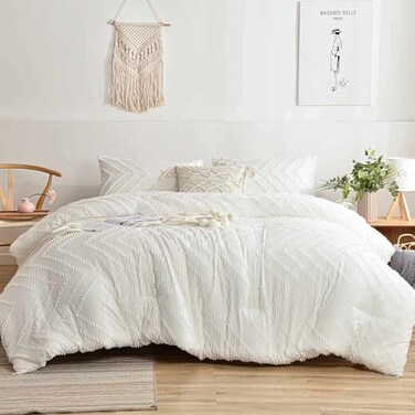 Nanko King Comforter Set White Tufted Jacquard Boho Soft Shabby Chic Reversible Down Alternative Microfiber Bedding All Season Duvet and 2 Pillowcases Farmhouse Bed Sets Women Men 104 x 90 Size 3pc