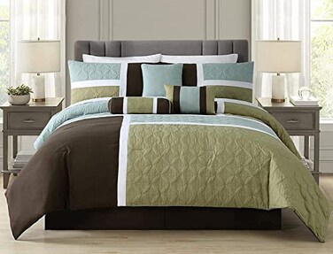 Chezmoi Collection 7Piece Quilted Patchwork Comforter Set Coffee BrownAqua BlueSage Green Queen