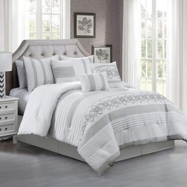 Chezmoi Collection Ariel 7Piece Gray Geometric Chenille Embroidery Pleated Striped Comforter Bedding Set Queen Size