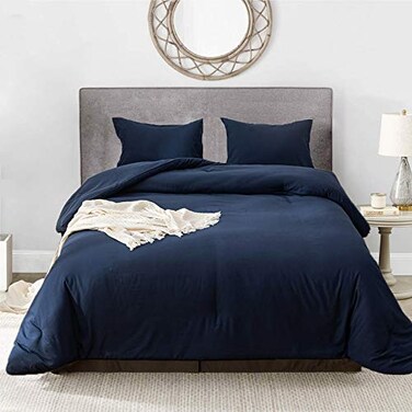 Luxlovery Navy Blue Comforter Set Full Men Boys Dark Blue Bedding Comforter Sets Navy Comfy Soft Blanket Quilts Cozy Breathable Solid Hotel Quality Bedding Comforter Set with 2 Pillowcase
