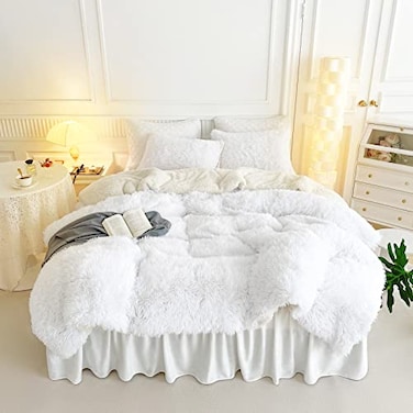 UOZZI BEDDING Faux Fur Comforter Set Queen 3 Pieces 1 Shaggy Comforter with 2 Pillowcases Ultra Soft and Easy Care Luxury Plush Warm Winter Duvet Set Pure White Twin