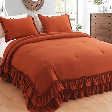 Masaca Terracotta Ruffled Comforter King SizeShabby Burnt Orange Chic Farmhouse Bedding Lightweight Fluffy Ruffle Bed Comforter Aesthetic Rustic Bed Set 3 Pieces
