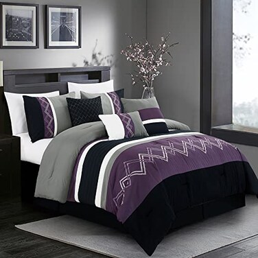 Chezmoi Collection Arden 7Piece Modern Pleated Stripe Embroidered Zigzag Bedding Comforter Set California King PurpleBlackGrayWhite
