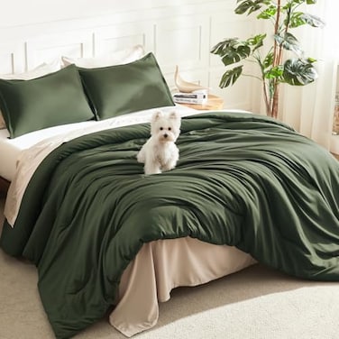 Litanika Dark Olive Green Comforter Set Queen 3 Pieces Solid Bedding Comforter Set All Season Fluffy Bed Set 90x90In Comforter 2 Pillowcases