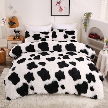 chovy Faux Fur TieDyed Cow Print Black White Comforter Sets Queen 3PC Bed Set Ultra Soft Plush Flannel Velvet Fluffy Fuzzy BeddingComforter x 1 Pillowcases x 2