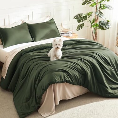 Litanika Dark Olive Green Comforter Set Full 3 Pieces Solid Bedding Comforter Set All Season Fluffy Bed Set 79x90In Comforter 2 Pillowcases