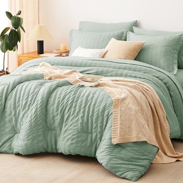 CozyLux Full Size Comforter Sets Sage Green 7 Pieces Seersucker Textured Luxury Bed in a Bag All Seasons Soft Bedding Sets with Down Alternative Comforter Sheets Pillowcases Shams Home Gift