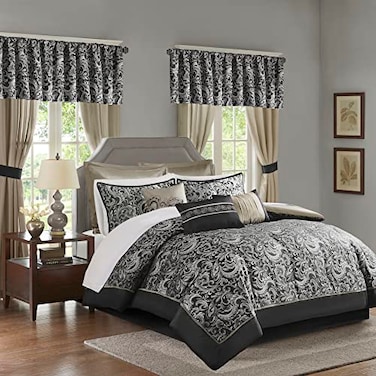 Madison Park Essentials Brystol 24 Piece Room in a Bag Faux Silk Comforter Jacquard Paisley Design Matching Curtains Down Alternative All Season BeddingSet Queen90 in x 90 in Black 24 Piece