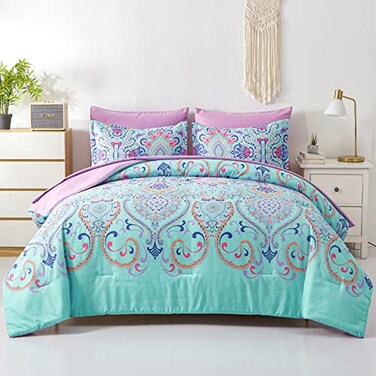 DHSFKBE Queen Comforter Set 7 Piece Bed in a Bag Boho Aqua and Lilac Damask Medallion Print Comforter with Sheets Soft Microfiber Complete Bedding Set for All Season Aqua Queen