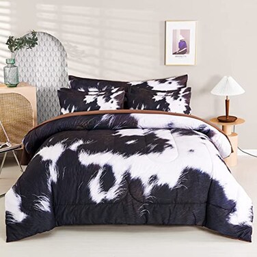 SUCSES King Size Comforter Set 8 Pieces Western Farmhouse Style Bedding Set Highland Rustic Cow Fur Print Bed in A Bag Comforter Set with Sheets Cow Fur Pattern King