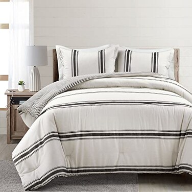 Lush Decor Farmhouse Stripe Reversible Cotton Comforter Set 3 Piece Set King Black Cozy Farmhouse Bedding Set Rustic Decor Striped Comforter Modern Farmhouse Bedroom Decor