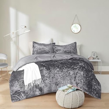 Comfort Spaces Juliette Luxe Comforter Set Velvet Lush with Soft Brushed Microfiber Reverse All Season Cozy Velvet Bedding Sets Fluffy Comforter Bed Set Matching Sham Grey TwinTwin XL 2 Piece