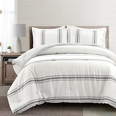 Lush Decor Farmhouse Stripe Reversible Cotton Comforter Set 3 Piece Cozy Pinstripe Bedding Set Classic Modern Rustic Charm Bedroom Decor King Dark Gray